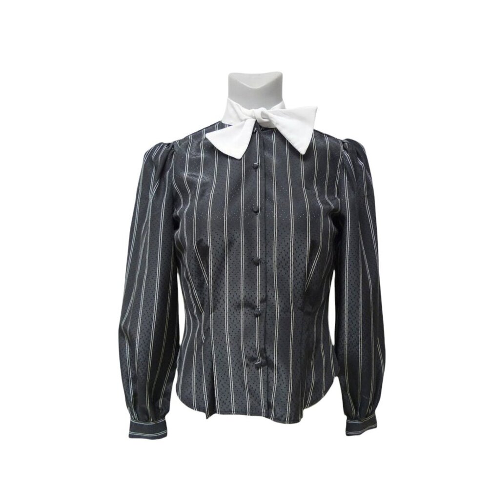 Vintage 80s Eloquence Black & White striped tie collar blouse . Size 5
